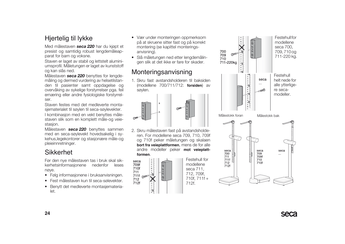 Norsk, Hjertelig til lykke, Sikkerhet | Monteringsanvisning | Seca 220 User Manual | Page 24 / 48