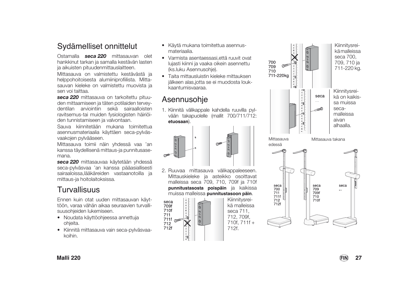 Suomi, Sydämelliset onnittelut, Turvallisuus | Asennusohje | Seca 220 User Manual | Page 27 / 48