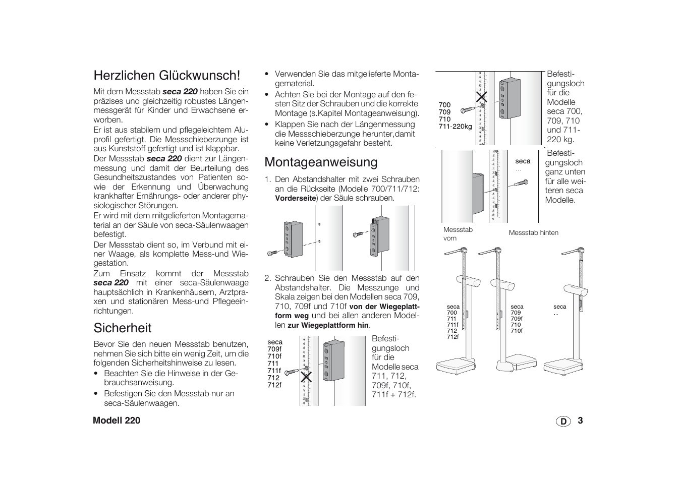 Deutsch, Herzlichen glückwunsch, Sicherheit | Montageanweisung | Seca 220 User Manual | Page 3 / 48