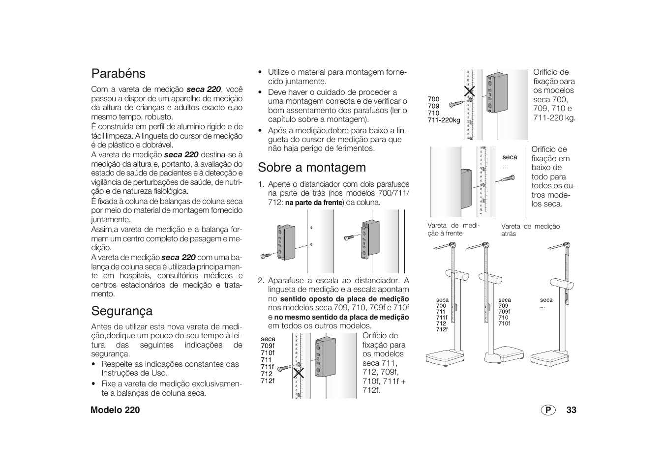 Português, Parabéns, Segurança | Sobre a montagem | Seca 220 User Manual | Page 33 / 48