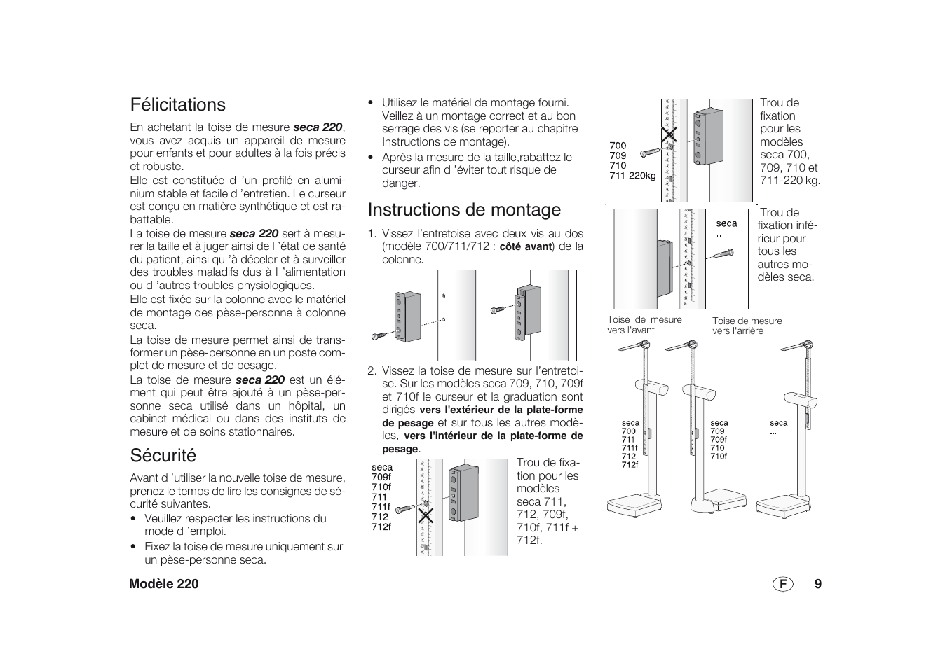 Français, Félicitations, Sécurité | Instructions de montage | Seca 220 User Manual | Page 9 / 48