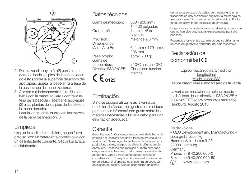 Limpieza, Datos técnicos, Eliminación | Garantía, Declaración de conformidad | Seca 233 User Manual | Page 12 / 36