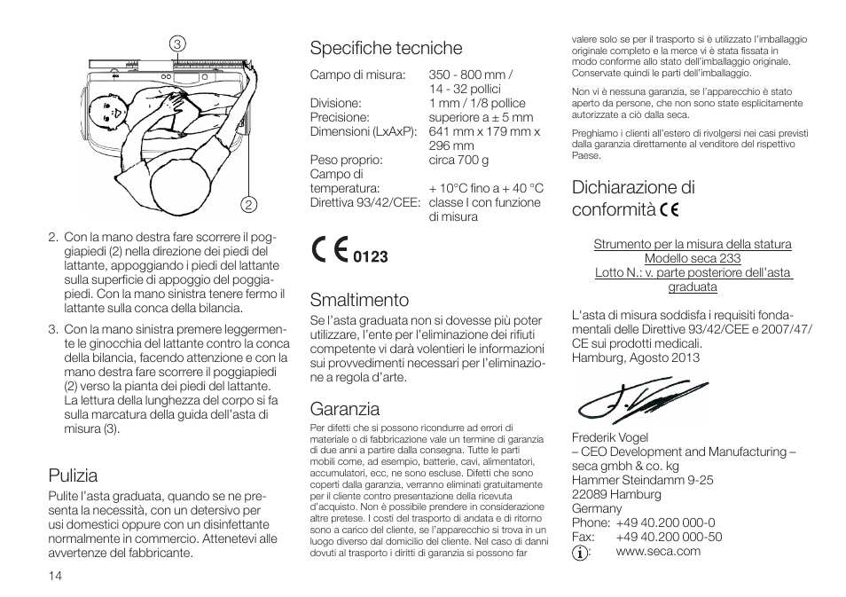 Pulizia, Specifiche tecniche, Smaltimento | Garanzia, Dichiarazione di conformità | Seca 233 User Manual | Page 14 / 36