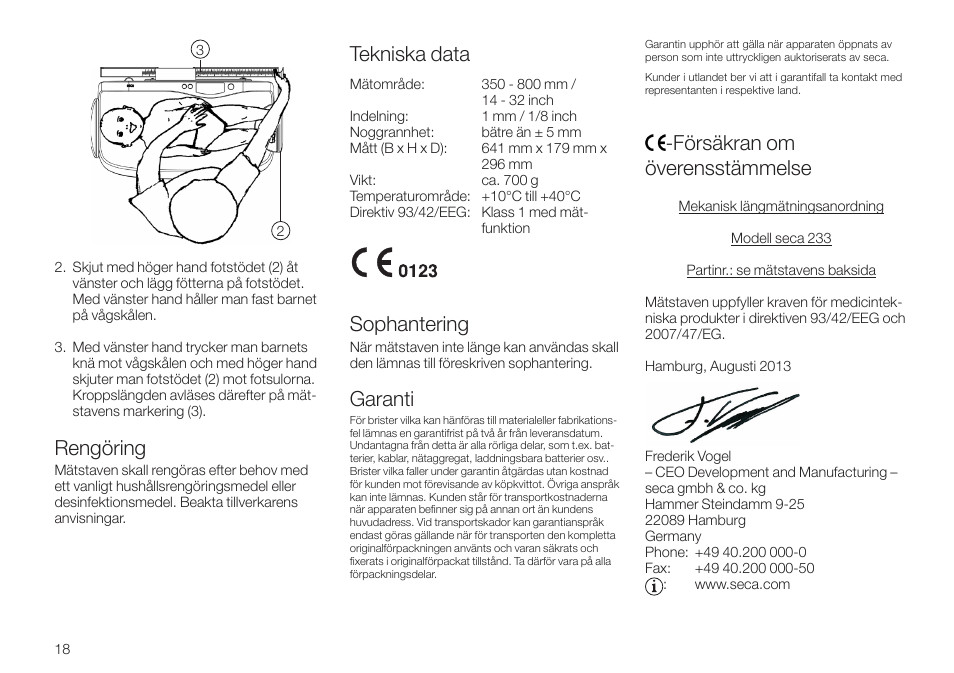 Rengöring, Tekniska data, Sophantering | Försäkran om överensstämmelse, Garanti | Seca 233 User Manual | Page 18 / 36