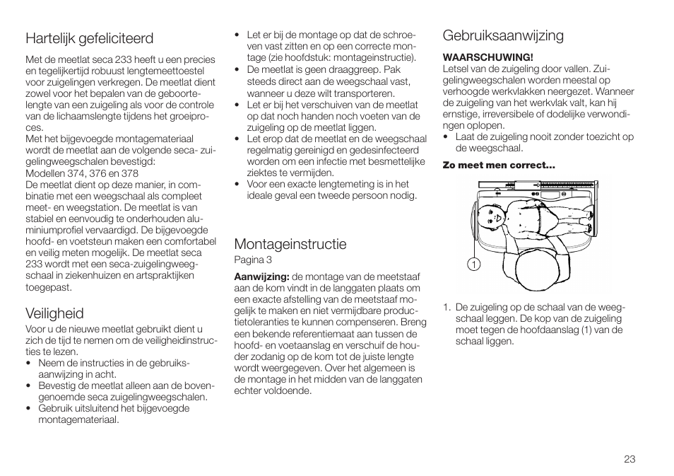 Nederlands, Hartelijk gefeliciteerd, Veiligheid | Montageinstructie, Gebruiksaanwijzing, Agina | Seca 233 User Manual | Page 23 / 36