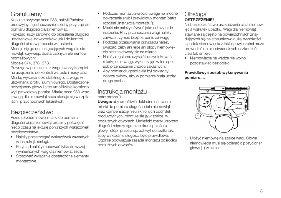 Polski, Gratulujemy, Bezpieczeństwo | Instrukcja montażu, Obsługa, Ona 31 | Seca 233 User Manual | Page 31 / 36