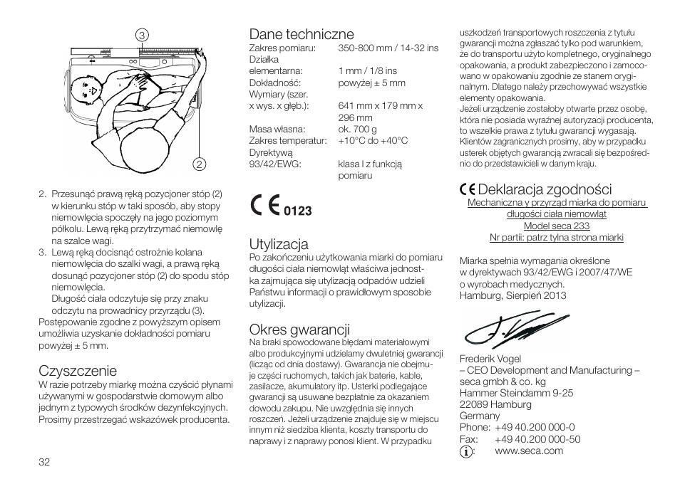 Czyszczenie, Dane techniczne, Utylizacja | Okres gwarancji, Deklaracja zgodności | Seca 233 User Manual | Page 32 / 36