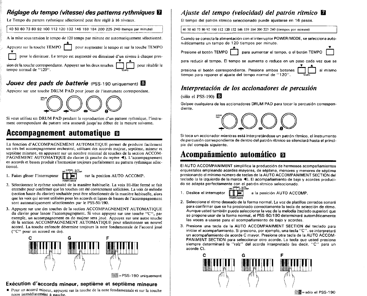 Accompagnement automatique ш, Acompañamiento automático ш, Réglage du tempo {vitesse} des patterns rythmiques | Jouez des pads de batterie, Ajuste del tempo (velocidad) del patrón rítmico, Interpretación de los accionadores de percusión | Yamaha PSS-190 User Manual | Page 10 / 16