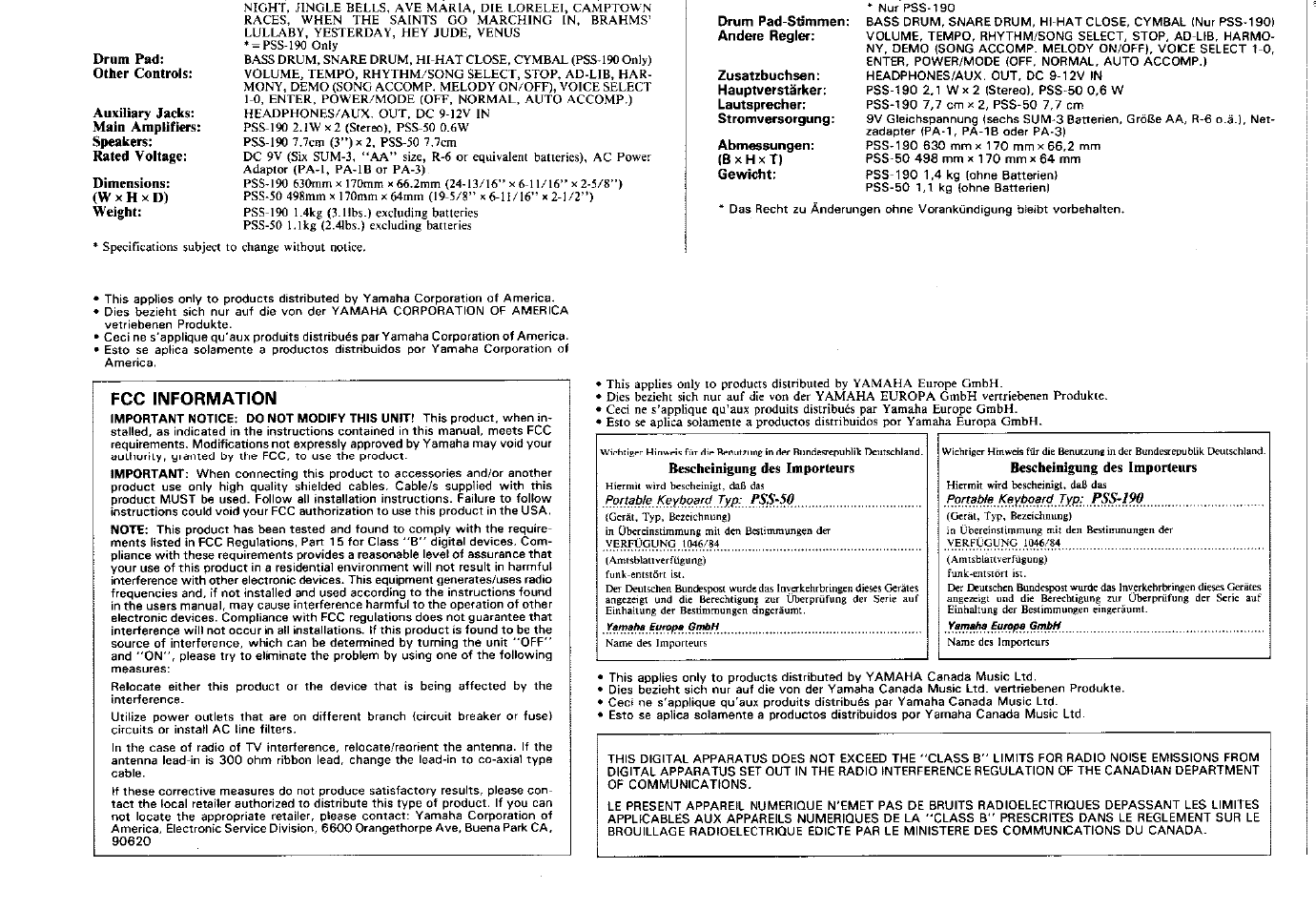 Fcc information | Yamaha PSS-190 User Manual | Page 15 / 16