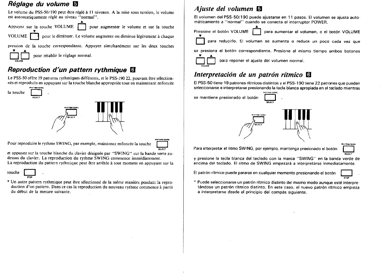 Réglage du volume, Reproduction d'un pattern rythmique, Ajuste del volumen | Interpretación de un patrón rítmico | Yamaha PSS-190 User Manual | Page 8 / 16