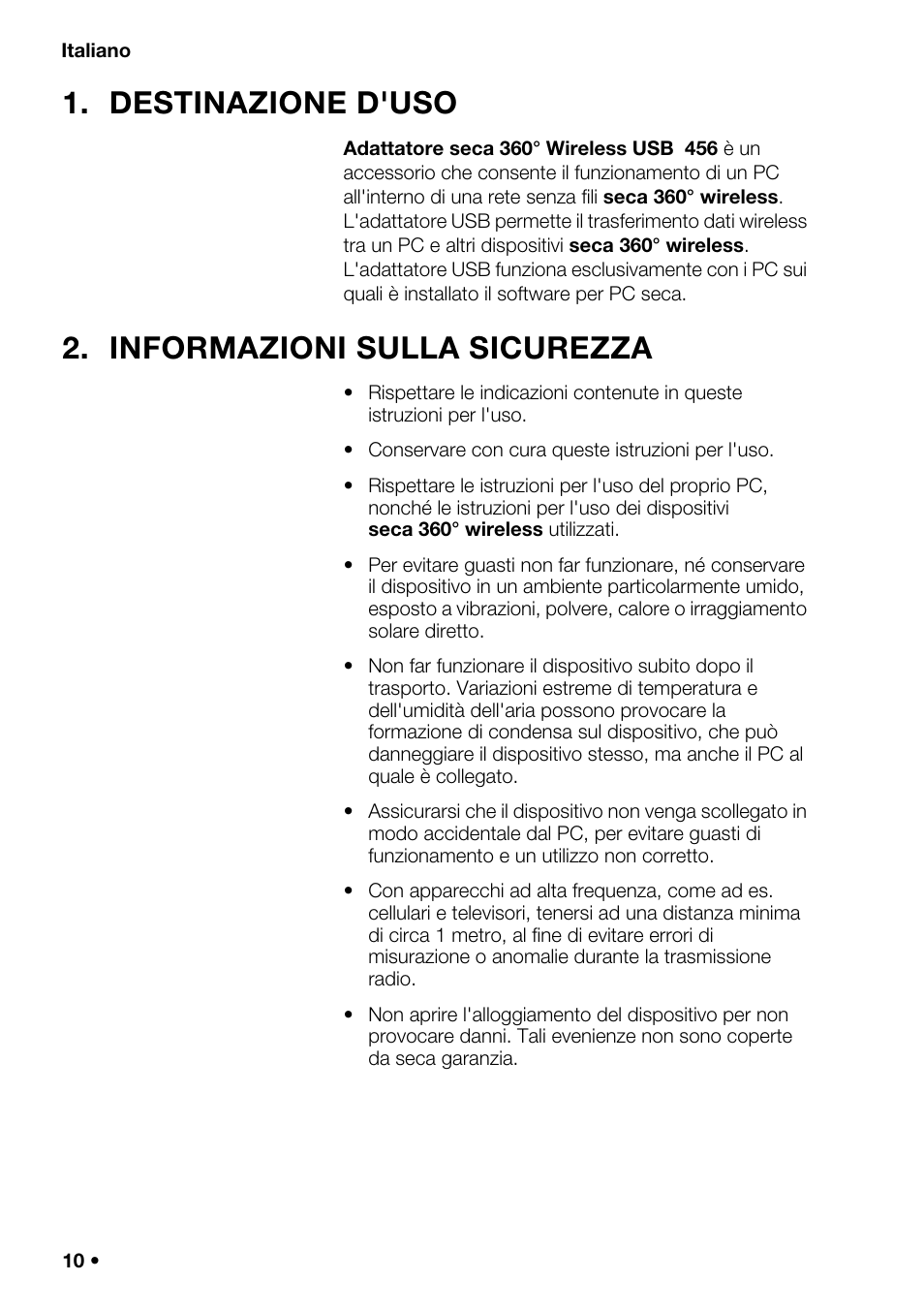Italiano, Destinazione d'uso, Informazioni sulla sicurezza | Seca 456 User Manual | Page 10 / 40