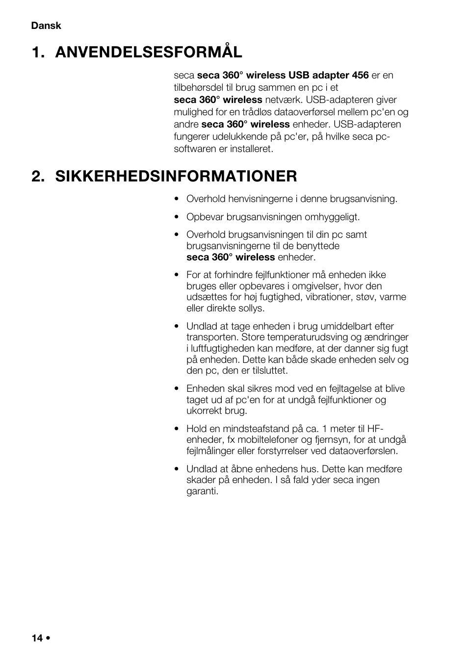 Dansk, Anvendelsesformål, Sikkerhedsinformationer | Seca 456 User Manual | Page 14 / 40