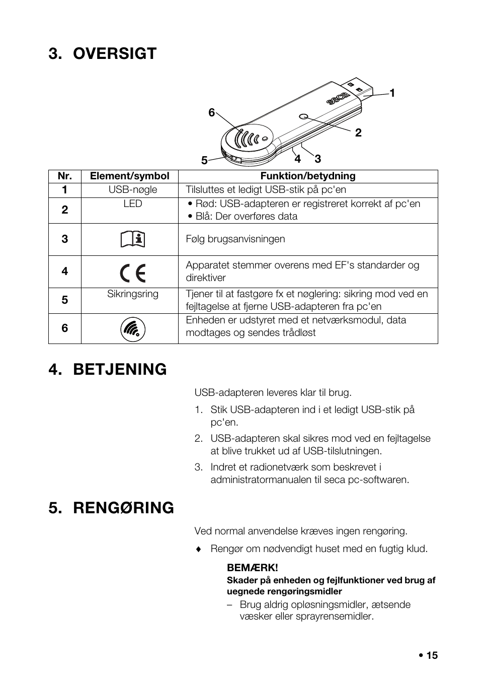 Oversigt, Betjening, Rengøring | Oversigt 4. betjening | Seca 456 User Manual | Page 15 / 40