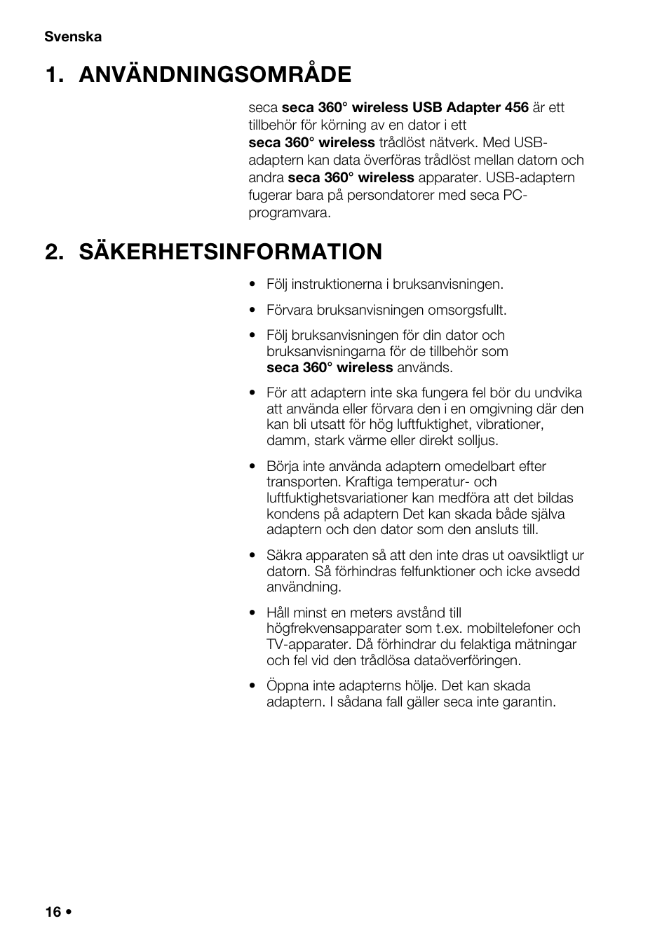 Svenska, Användningsområde, Säkerhetsinformation | Seca 456 User Manual | Page 16 / 40
