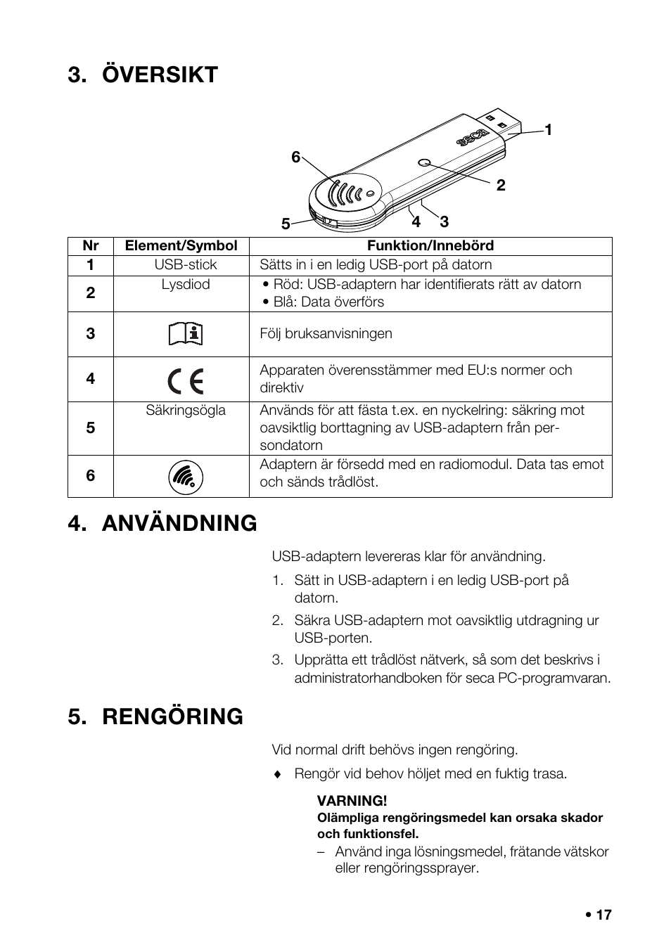 Översikt, Användning, Rengöring | Översikt 4. användning | Seca 456 User Manual | Page 17 / 40