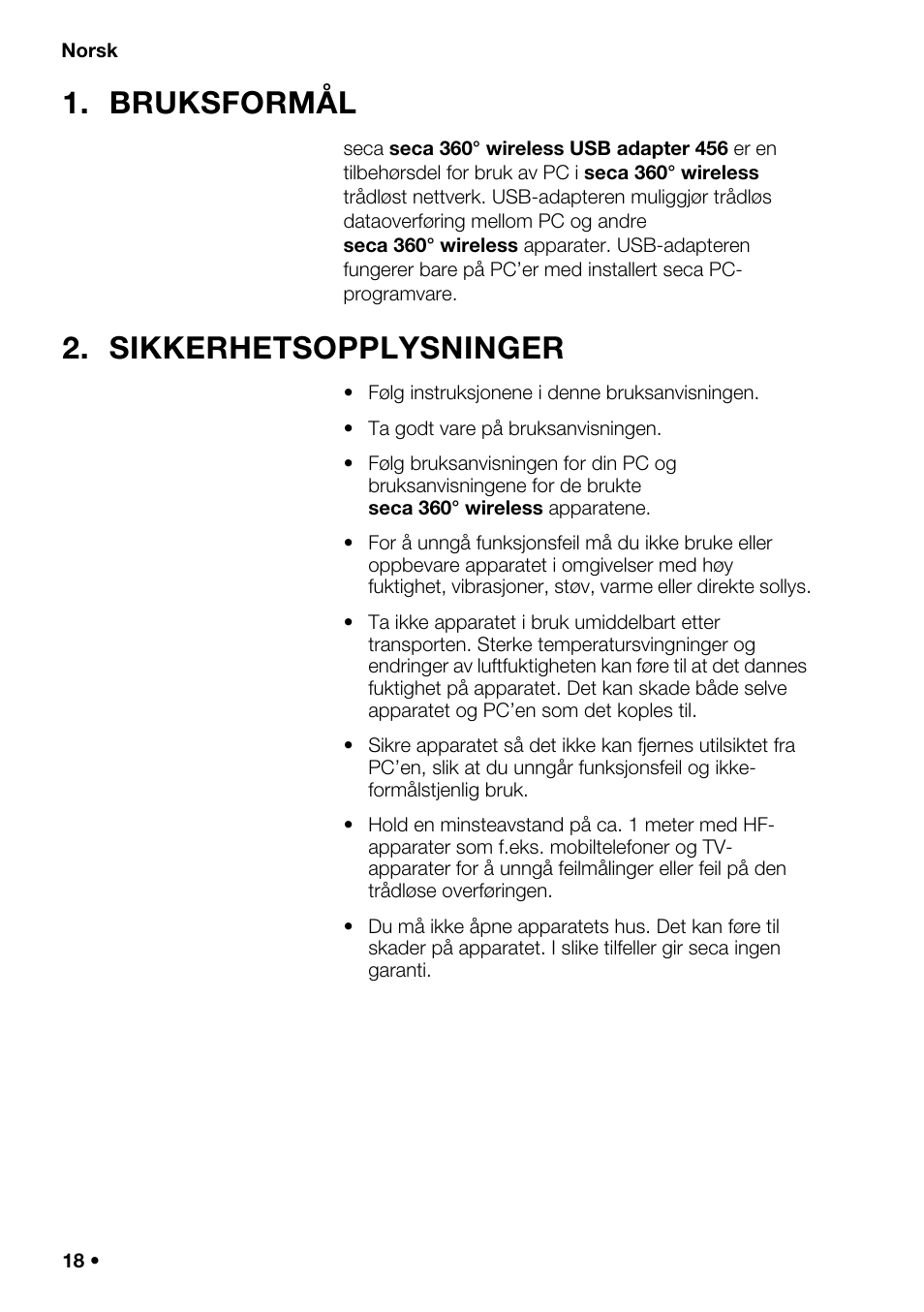 Norsk, Bruksformål, Sikkerhetsopplysninger | Seca 456 User Manual | Page 18 / 40