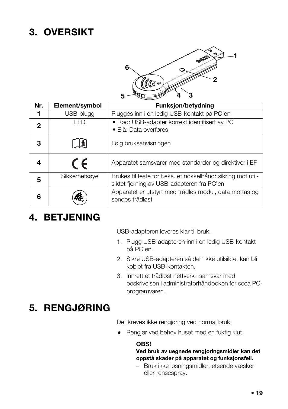 Oversikt, Betjening, Rengjøring | Oversikt 4. betjening | Seca 456 User Manual | Page 19 / 40