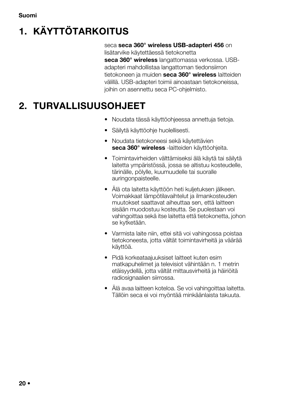 Suomi, Käyttötarkoitus, Turvallisuusohjeet | Seca 456 User Manual | Page 20 / 40
