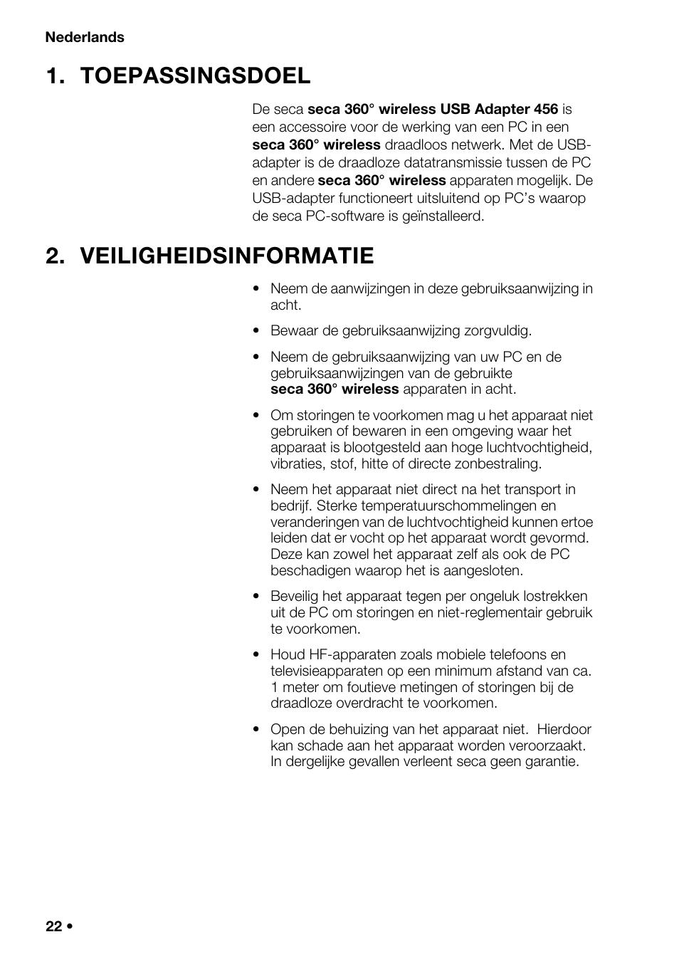 Nederlands, Toepassingsdoel, Veiligheidsinformatie | Seca 456 User Manual | Page 22 / 40