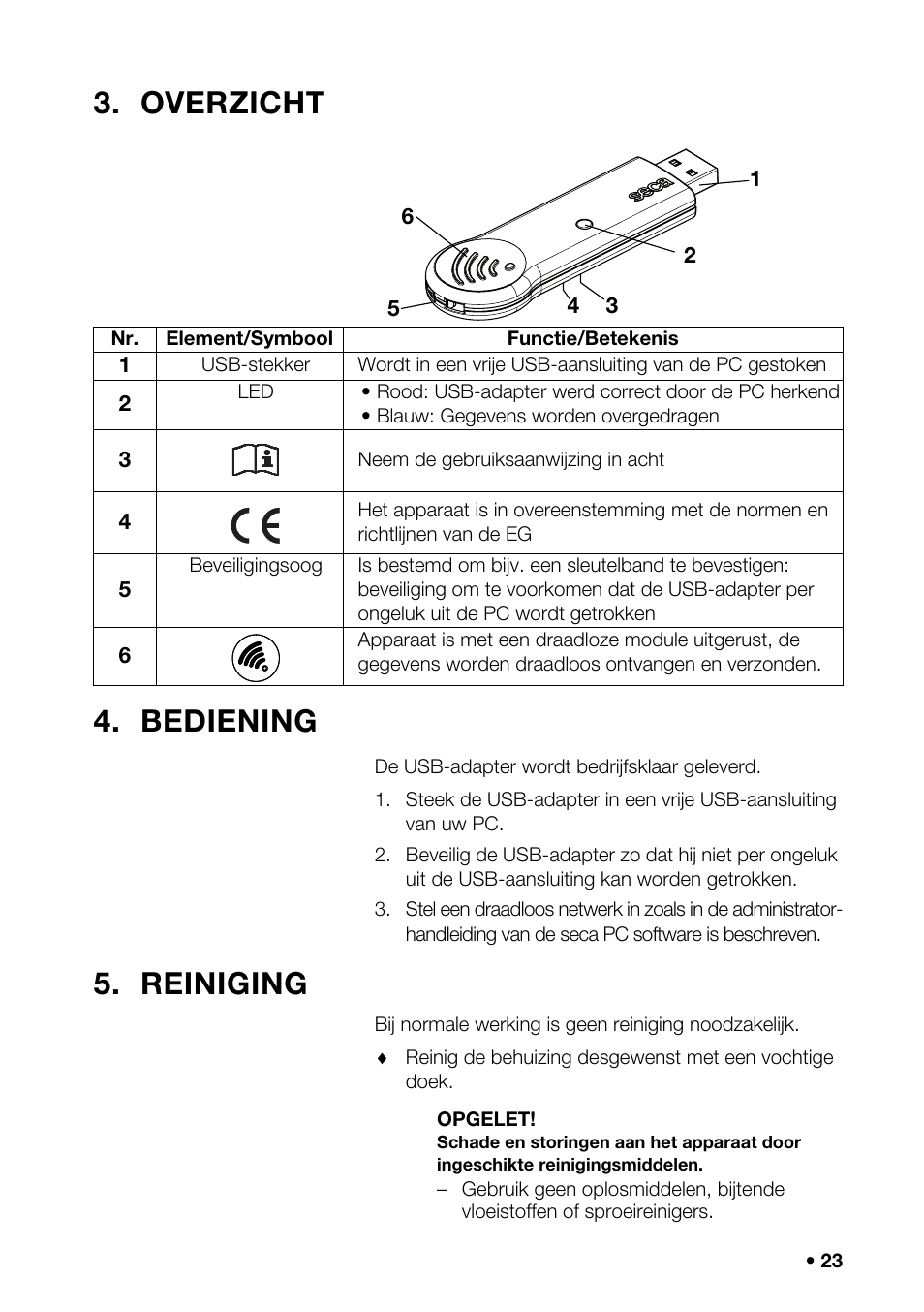 Overzicht, Bediening, Reiniging | Overzicht 4. bediening | Seca 456 User Manual | Page 23 / 40