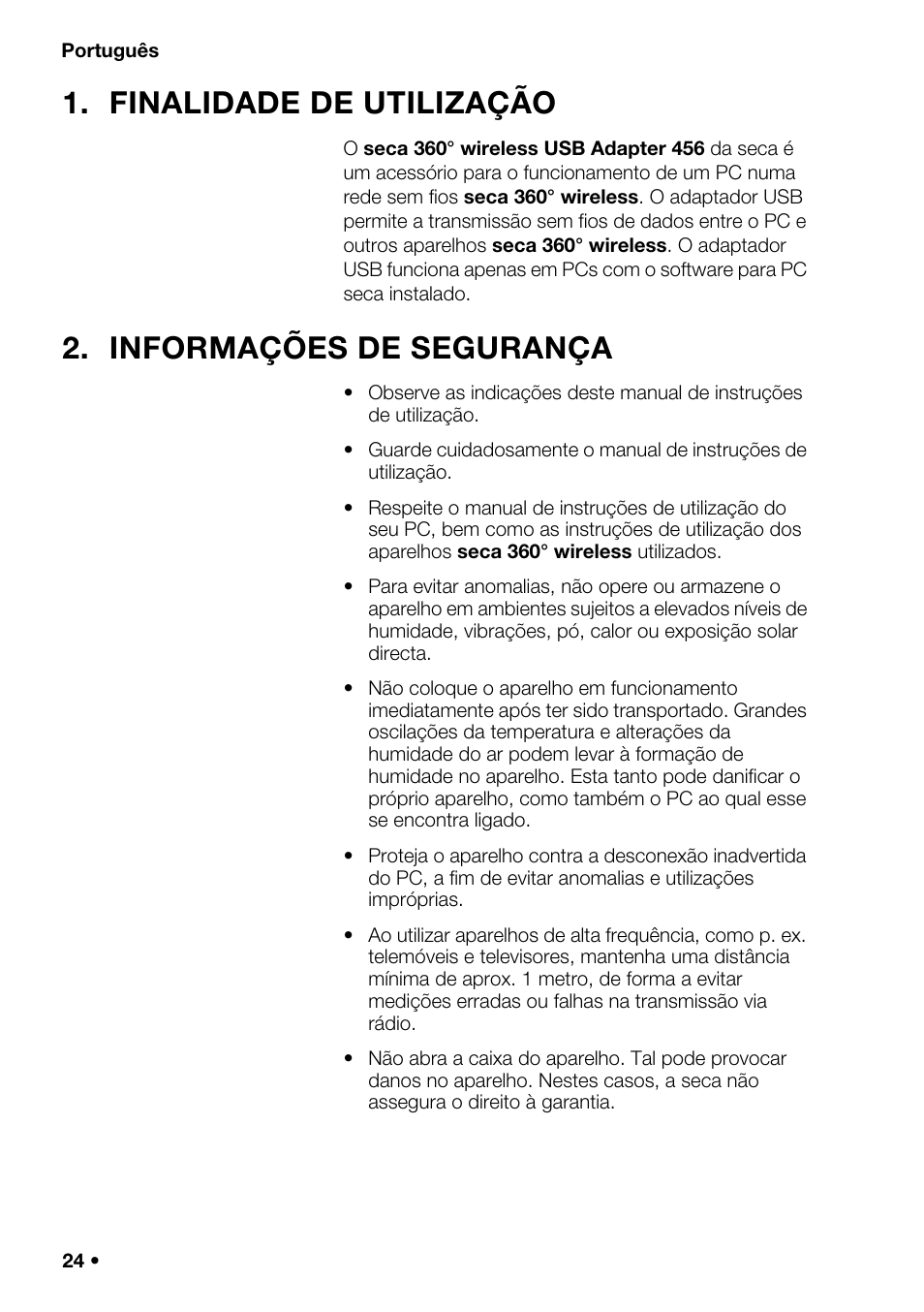 Português, Finalidade de utilização, Informações de segurança | Seca 456 User Manual | Page 24 / 40