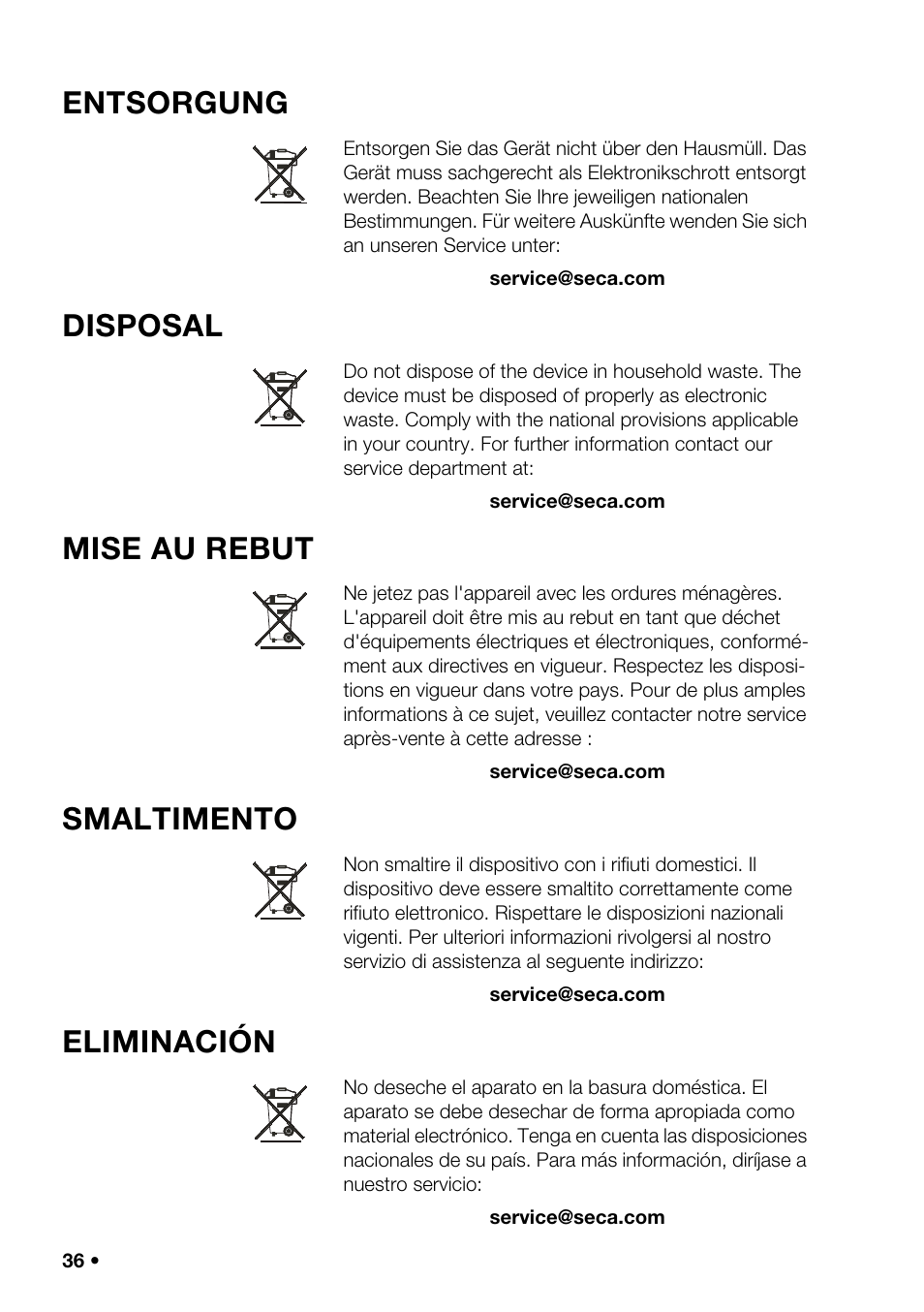 Entsorgung, Disposal, Mise au rebut | Smaltimento, Eliminación | Seca 456 User Manual | Page 36 / 40