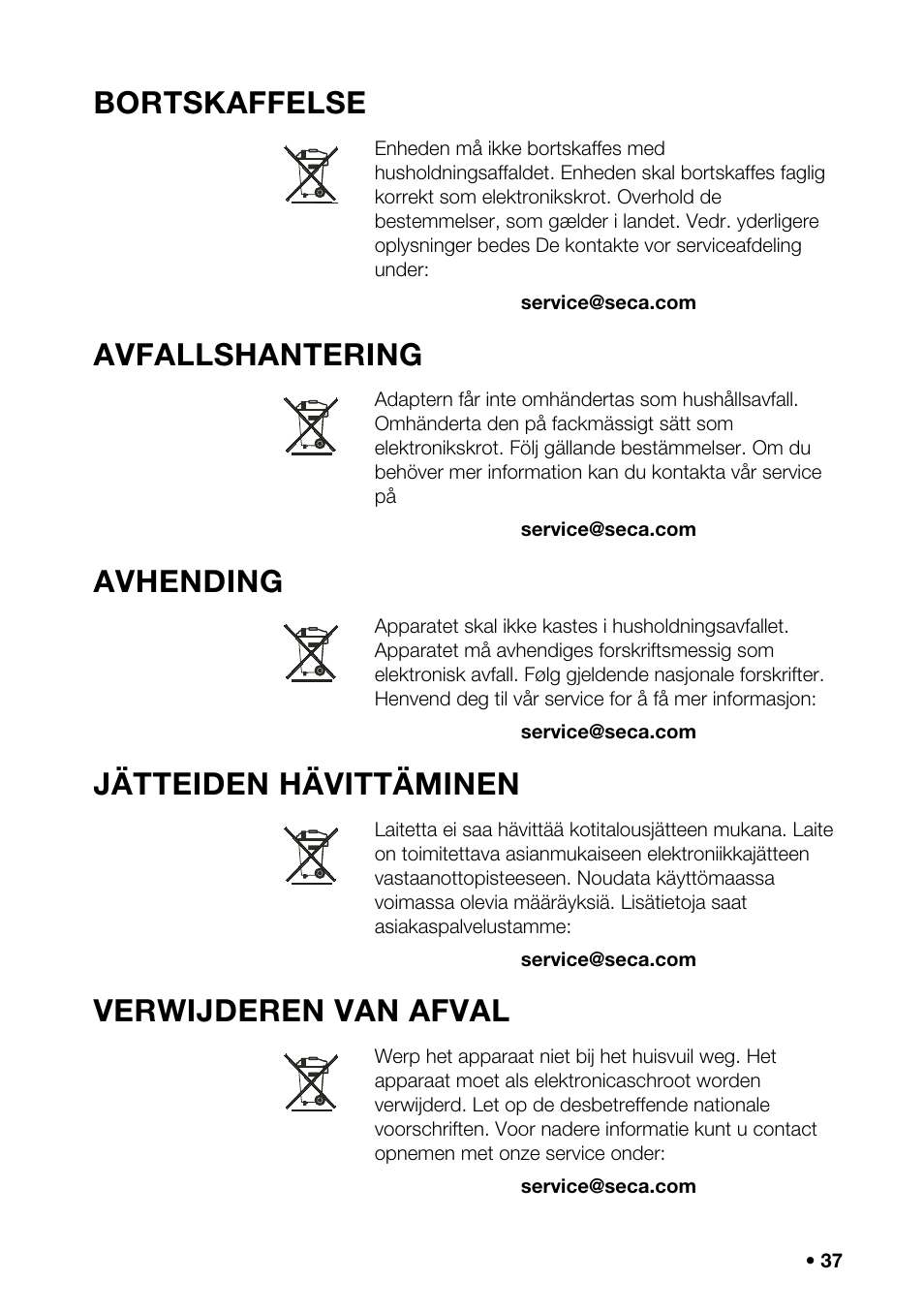 Bortskaffelse, Avfallshantering, Avhending | Jätteiden hävittäminen, Verwijderen van afval | Seca 456 User Manual | Page 37 / 40