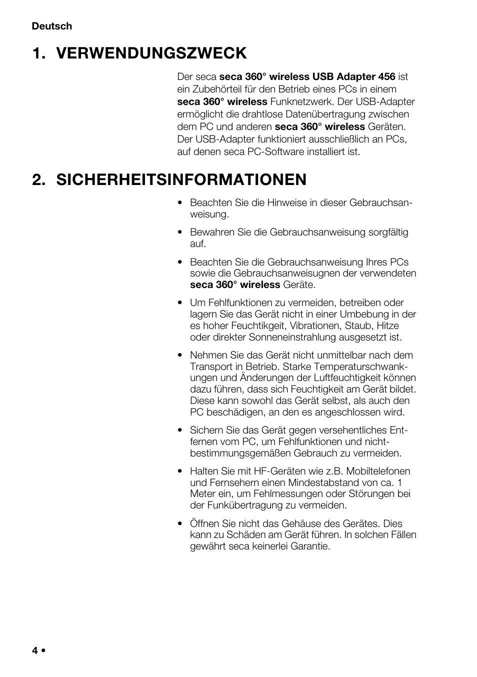 Deutsch, Verwendungszweck, Sicherheitsinformationen | Seca 456 User Manual | Page 4 / 40