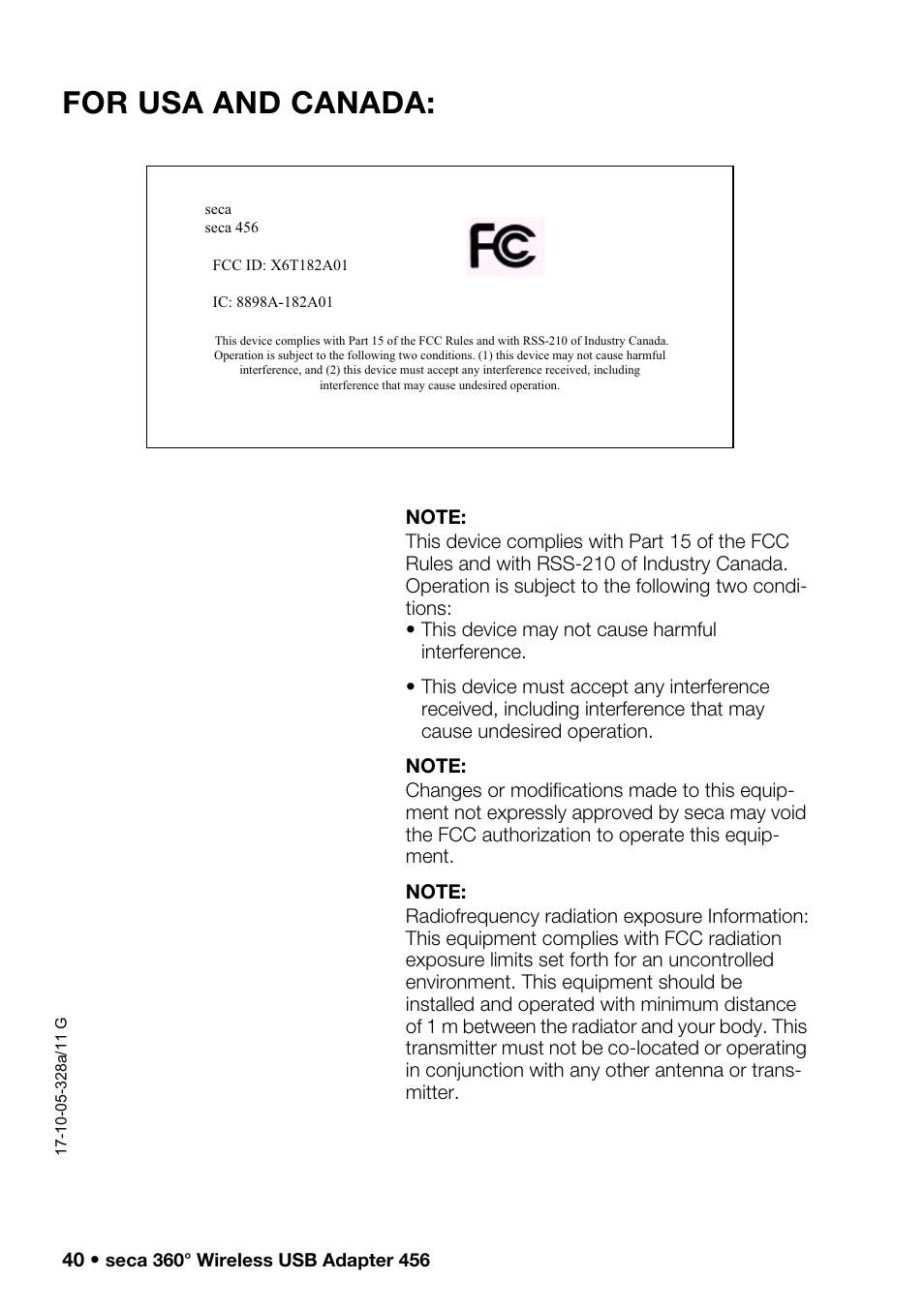 For usa and canada | Seca 456 User Manual | Page 40 / 40