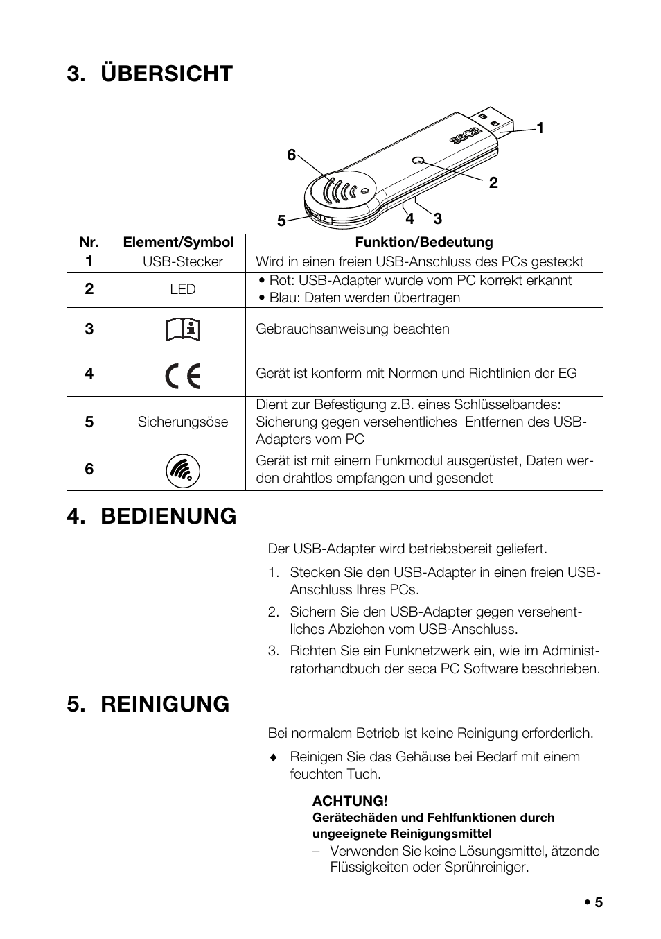 Übersicht, Bedienung, Reinigung | Übersicht 4. bedienung | Seca 456 User Manual | Page 5 / 40