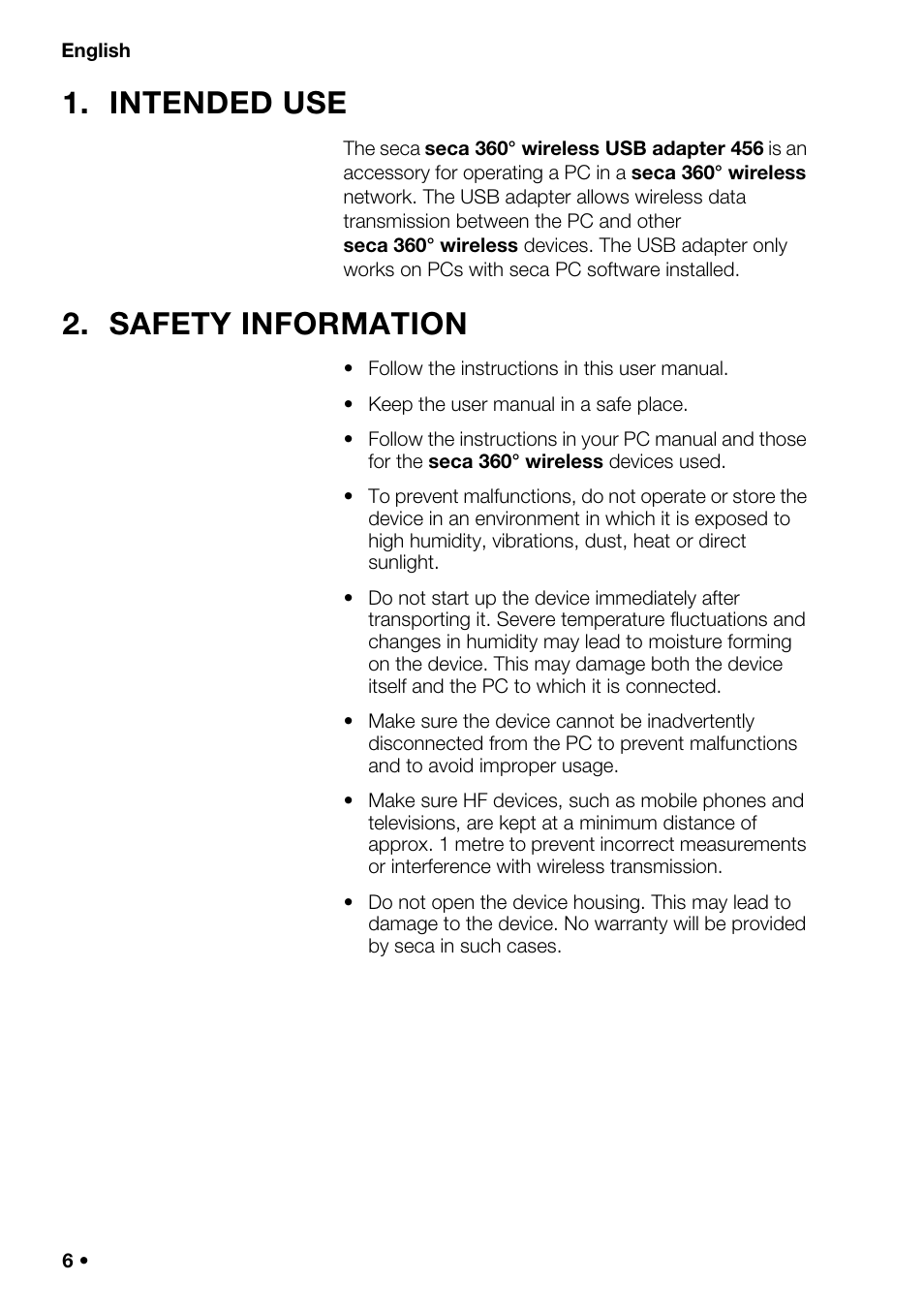 English, Intended use, Safety information | Seca 456 User Manual | Page 6 / 40