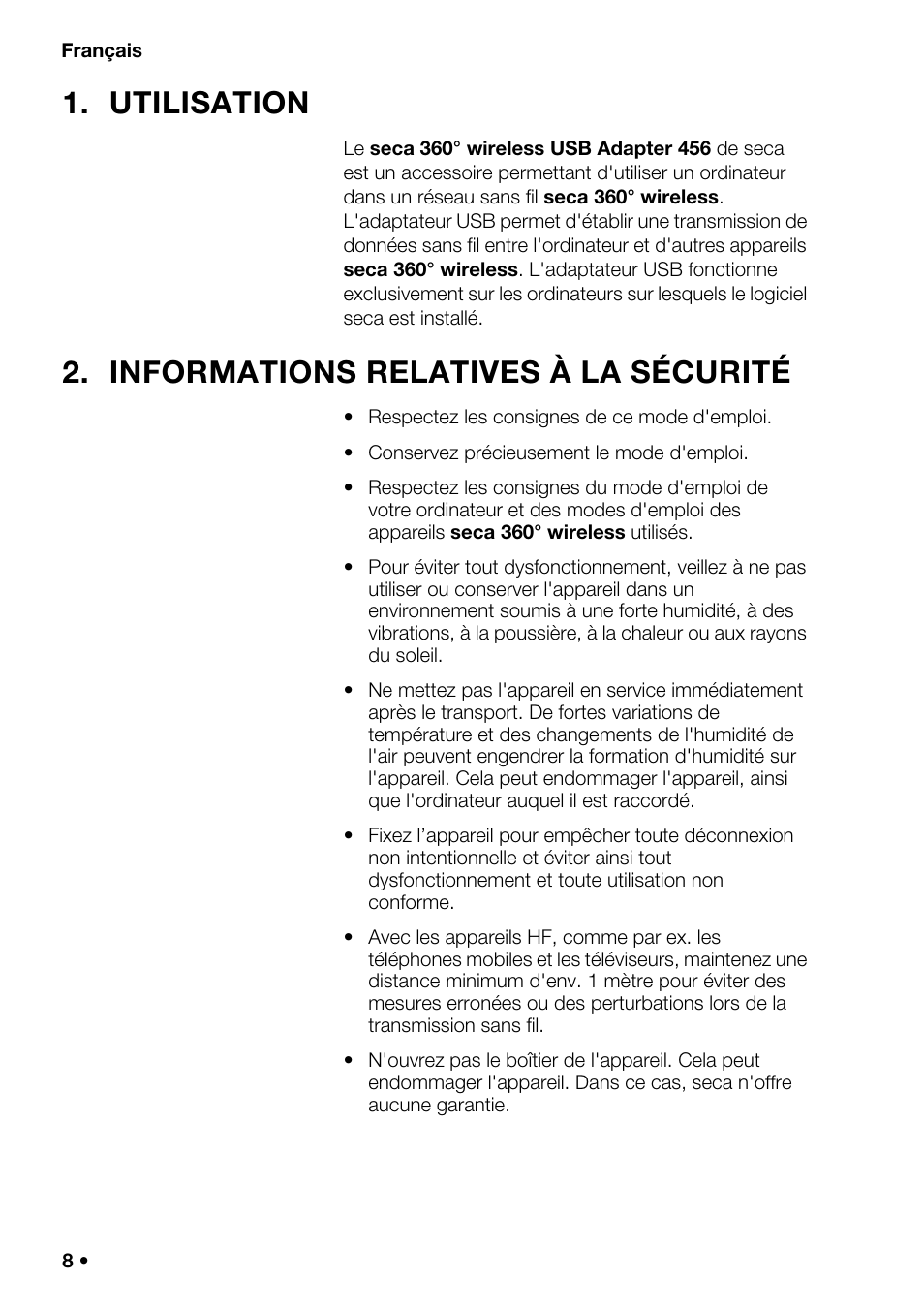 Français, Utilisation, Informations relatives à la sécurité | Seca 456 User Manual | Page 8 / 40