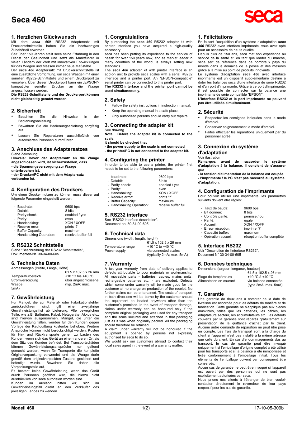 Seca 460 User Manual | 2 pages