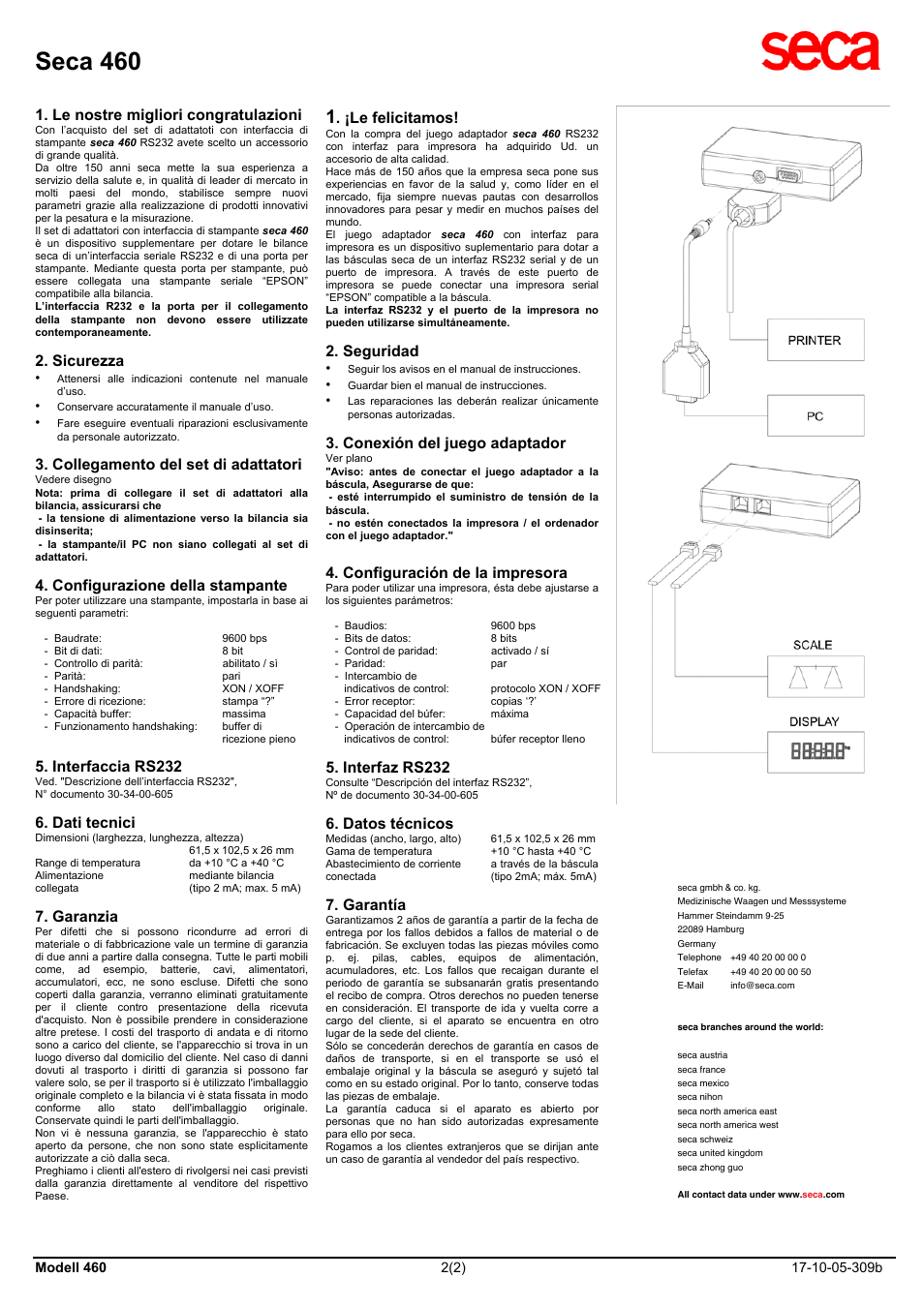 Collegamento del set di adattatori, Seca 460, Le nostre migliori congratulazioni | Sicurezza, Configurazione della stampante, Interfaccia rs232, Dati tecnici, Garanzia, Le felicitamos, Seguridad | Seca 460 User Manual | Page 2 / 2