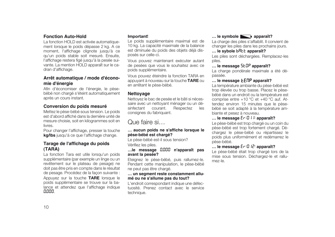 Fonction auto-hold, Arrêt automatique / mode d'économie d'énergie, Conversion du poids mesuré | Tarage de l'affichage du poids (tara), Nettoyage, Que faire si | Seca 334 User Manual | Page 10 / 24