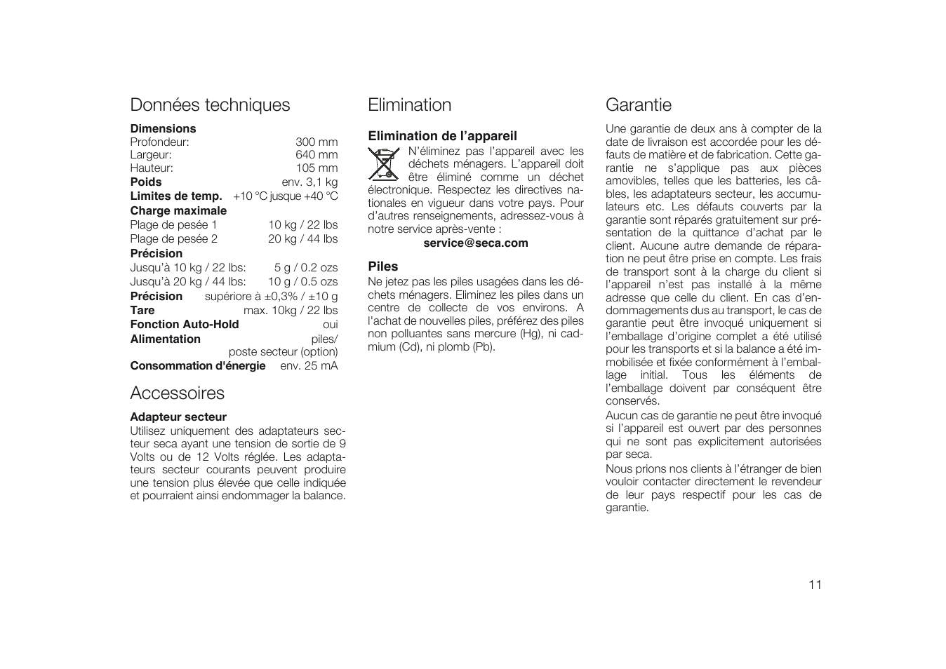 Données techniques, Accessoires, Elimination | Elimination de l’appareil, Piles, Garantie | Seca 334 User Manual | Page 11 / 24