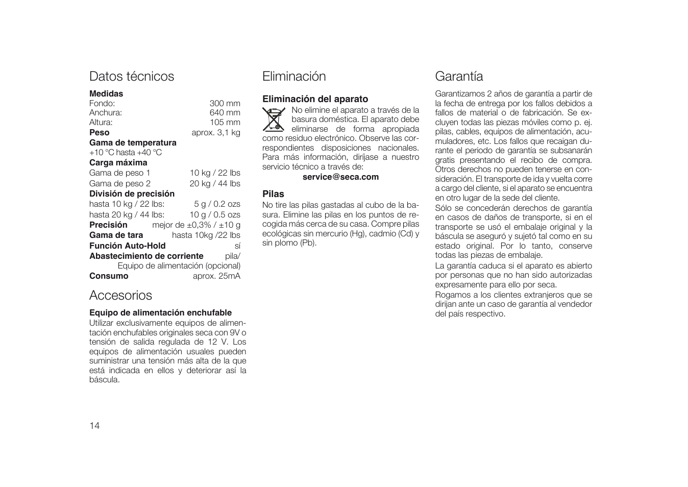 Datos técnicos, Accesorios, Eliminación | Eliminación del aparato, Pilas, Garantía | Seca 334 User Manual | Page 14 / 24