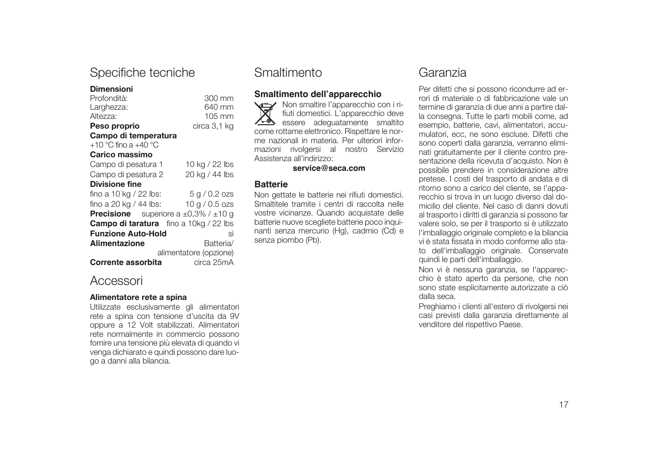 Specifiche tecniche, Accessori, Smaltimento | Smaltimento dell’apparecchio, Batterie, Garanzia | Seca 334 User Manual | Page 17 / 24