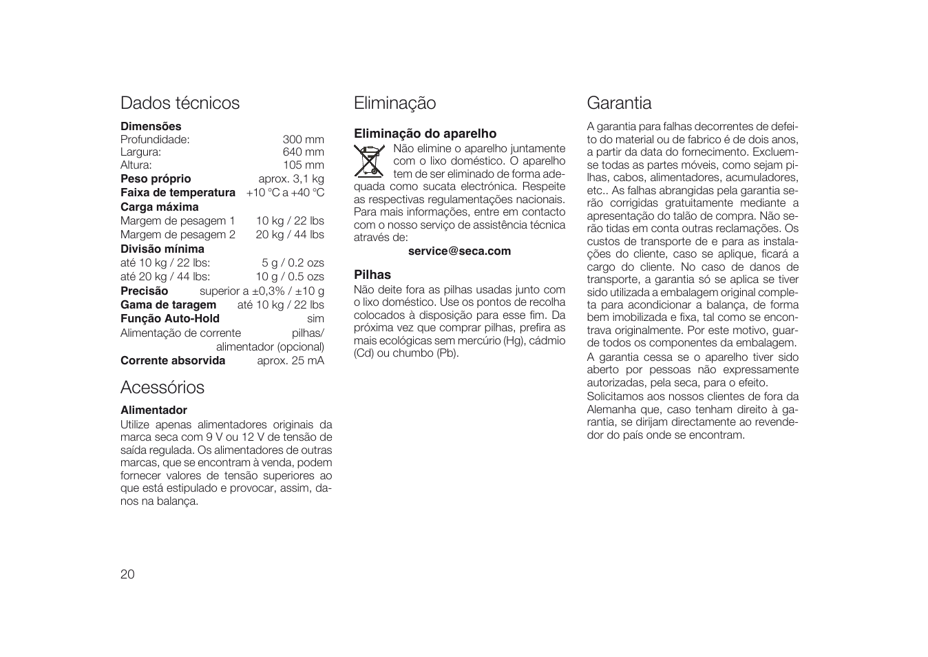 Dados técnicos, Acessórios, Eliminação | Eliminação do aparelho, Pilhas, Garantia | Seca 334 User Manual | Page 20 / 24