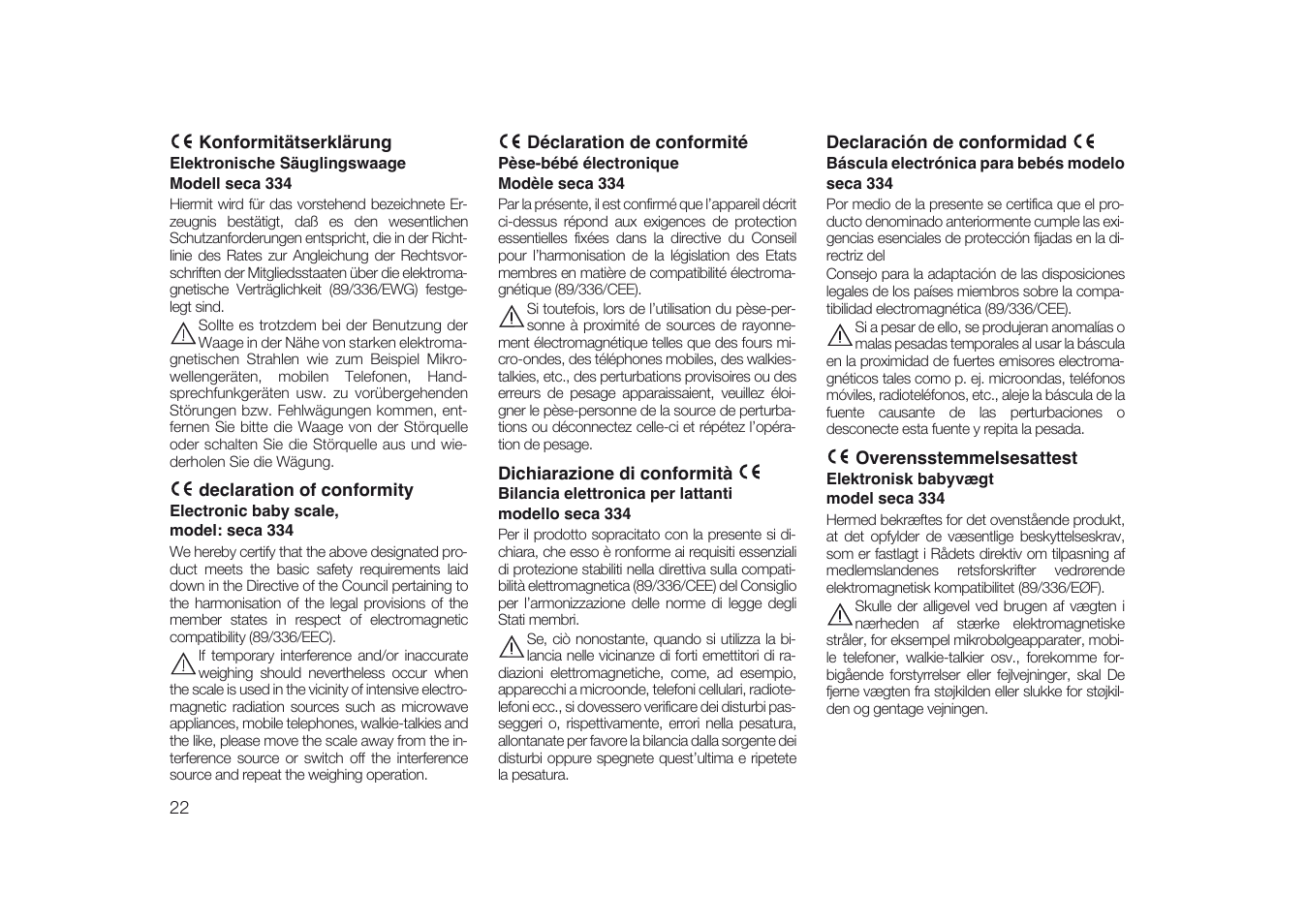 Konformitätserklärung, Declaration of conformity, Déclaration de conformité | Dichiarazione di conformità, Declaración de conformidad, Overensstemmelsesattest | Seca 334 User Manual | Page 22 / 24