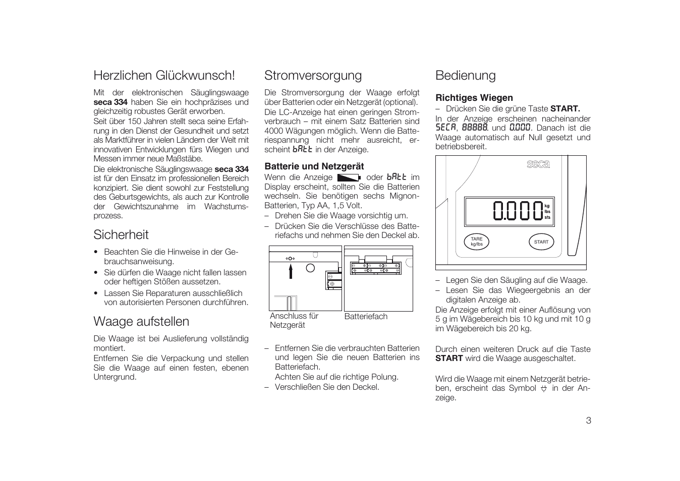 Deutsch, Herzlichen glückwunsch, Sicherheit | Waage aufstellen, Stromversorgung, Batterie und netzgerät, Bedienung, Richtiges wiegen | Seca 334 User Manual | Page 3 / 24