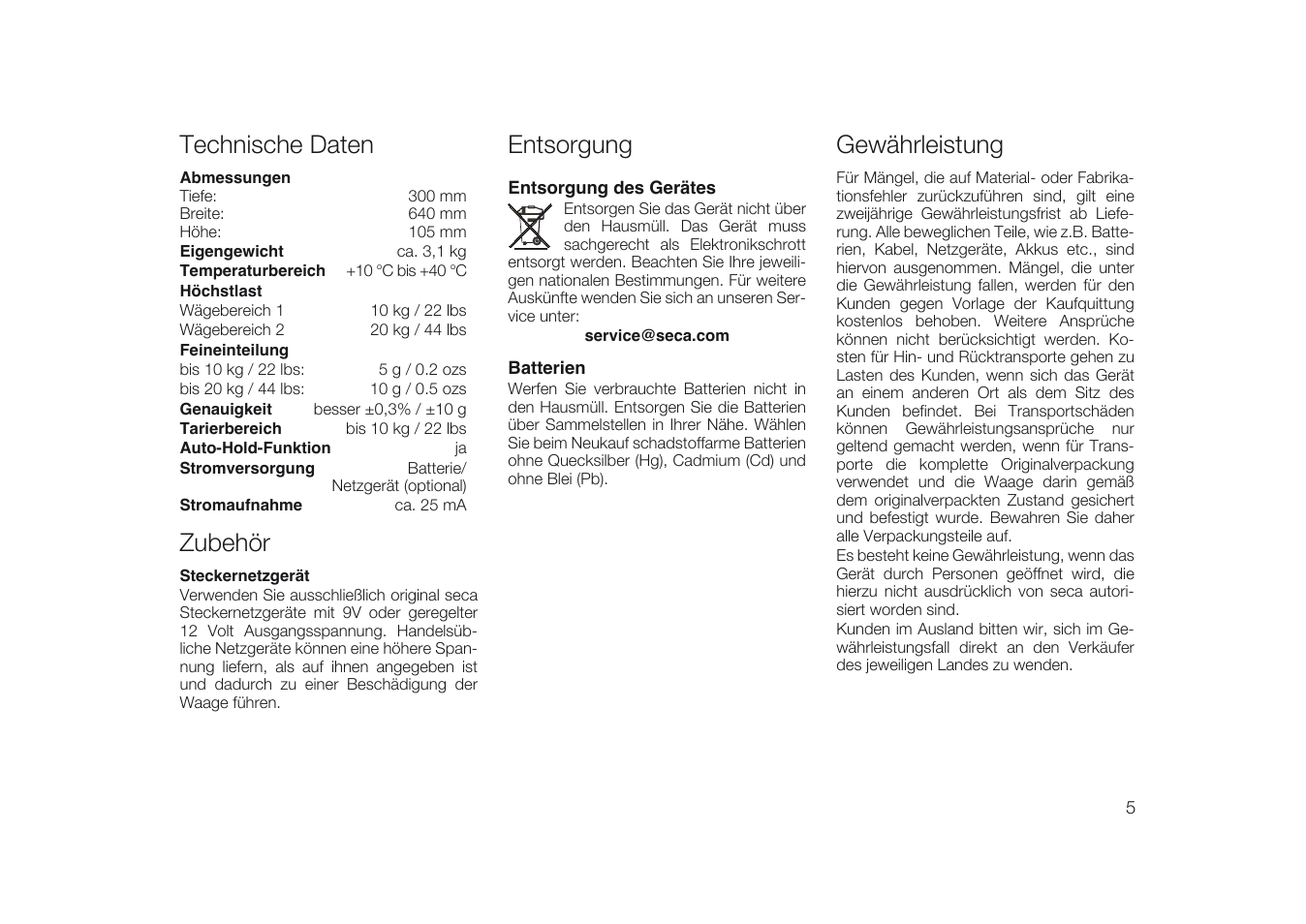 Technische daten, Zubehör, Entsorgung | Entsorgung des gerätes, Batterien, Gewährleistung | Seca 334 User Manual | Page 5 / 24