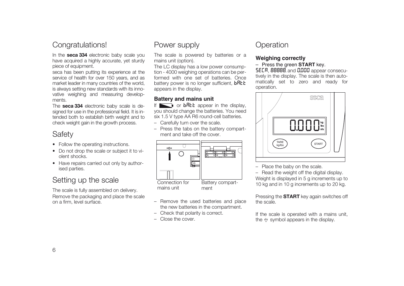 English, Congratulations, Safety | Setting up the scale, Power supply, Battery and mains unit, Operation, Weighing correctly | Seca 334 User Manual | Page 6 / 24