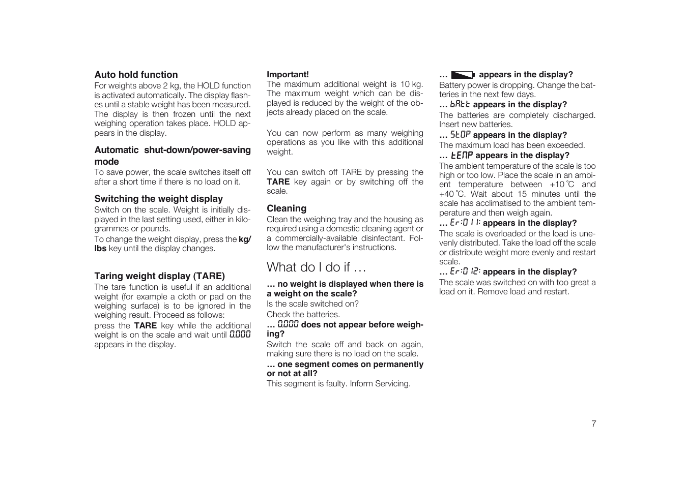 Auto hold function, Automatic shut-down/power-saving mode, Switching the weight display | Taring weight display (tare), Cleaning, What do i do if | Seca 334 User Manual | Page 7 / 24