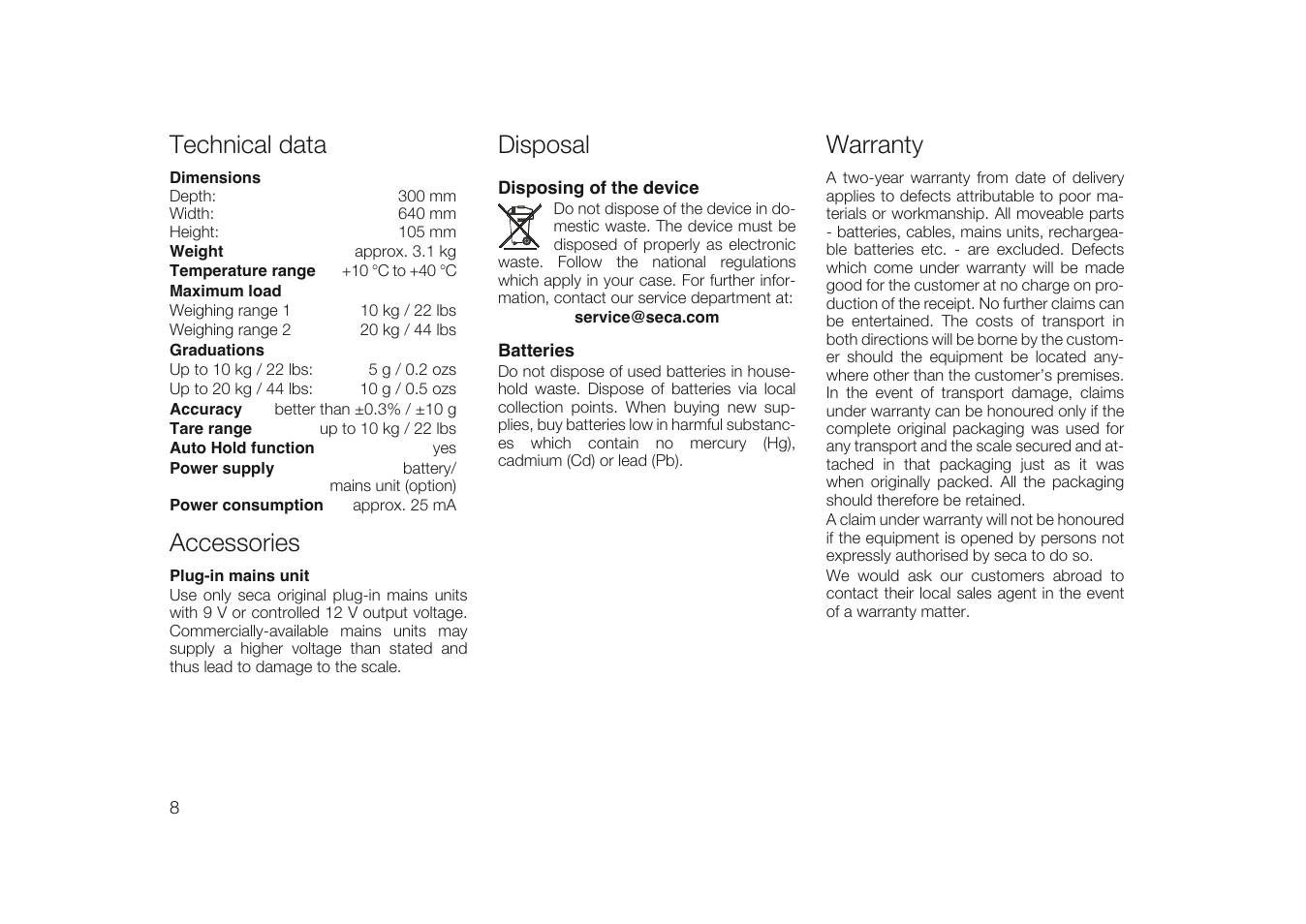 Technical data, Accessories, Disposal | Disposing of the device, Batteries, Warranty | Seca 334 User Manual | Page 8 / 24