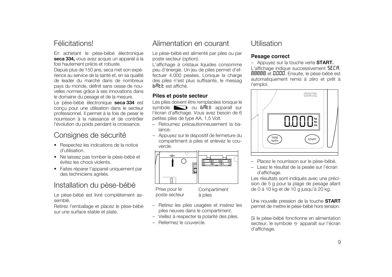 Français, Félicitations, Consignes de sécurité | Installation du pèse-bébé, Alimentation en courant, Piles et poste secteur, Utilisation, Pesage correct | Seca 334 User Manual | Page 9 / 24