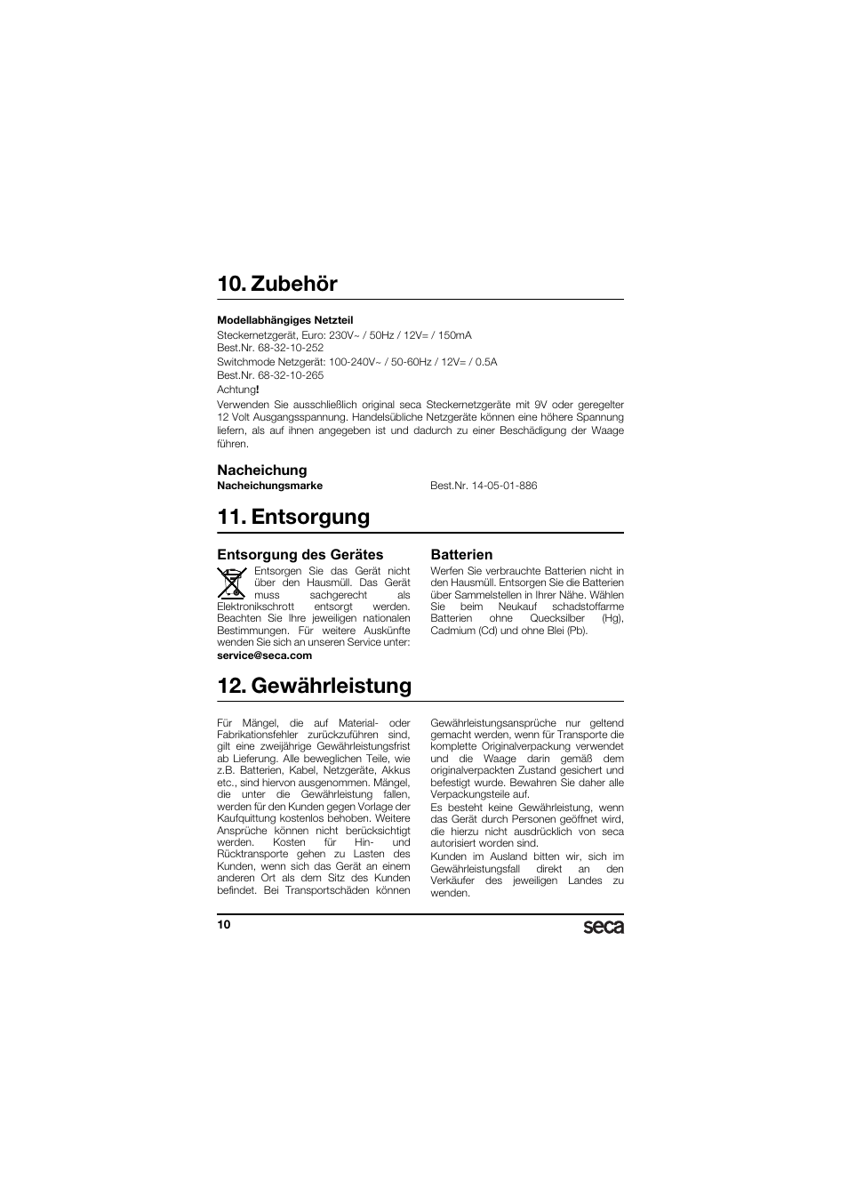 Zubehör, Nacheichung, Entsorgung | Entsorgung des gerätes, Batterien, Gewährleistung | Seca 336 User Manual | Page 10 / 115