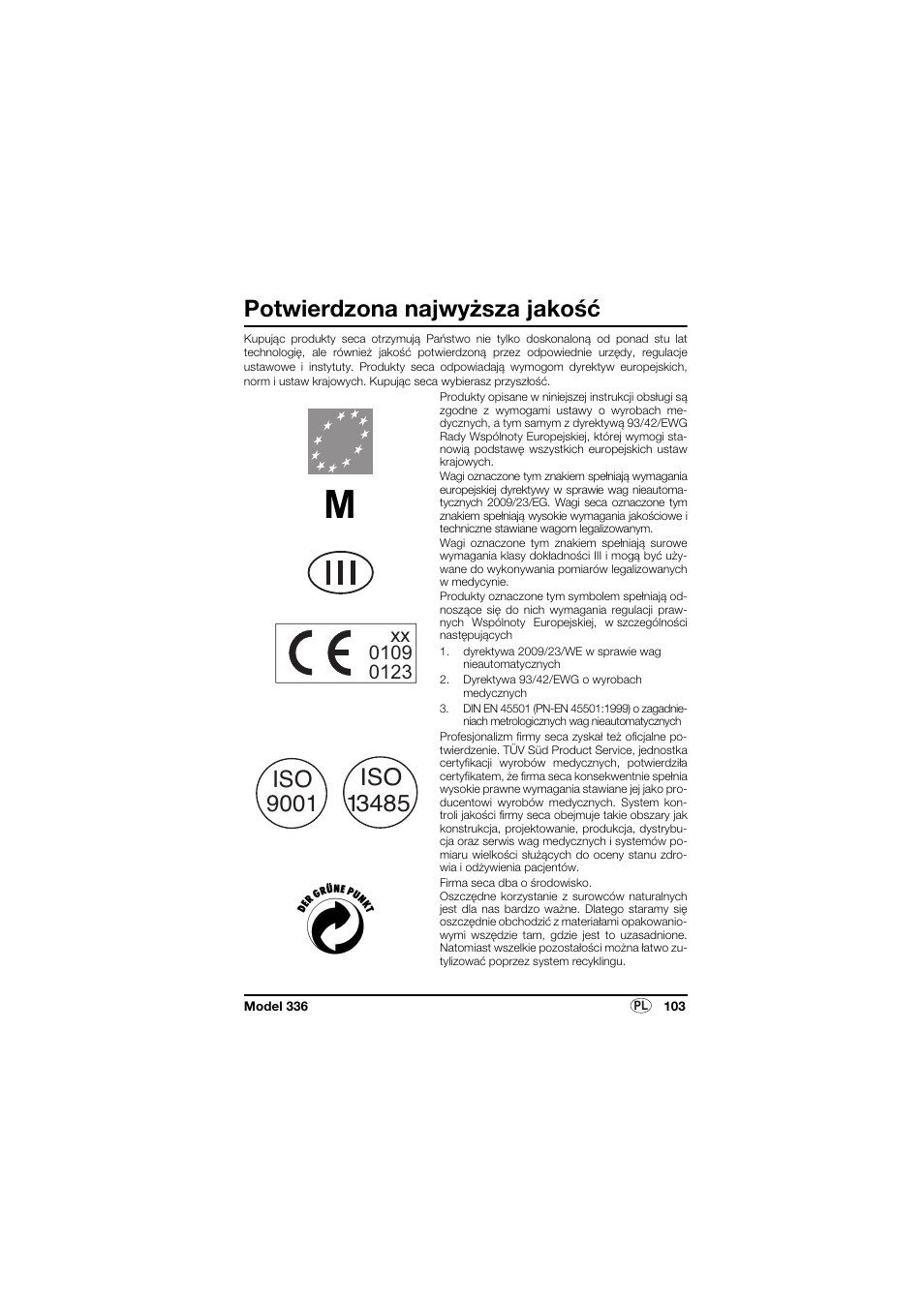 Polska, Potwierdzona najwyższa jakość | Seca 336 User Manual | Page 103 / 115