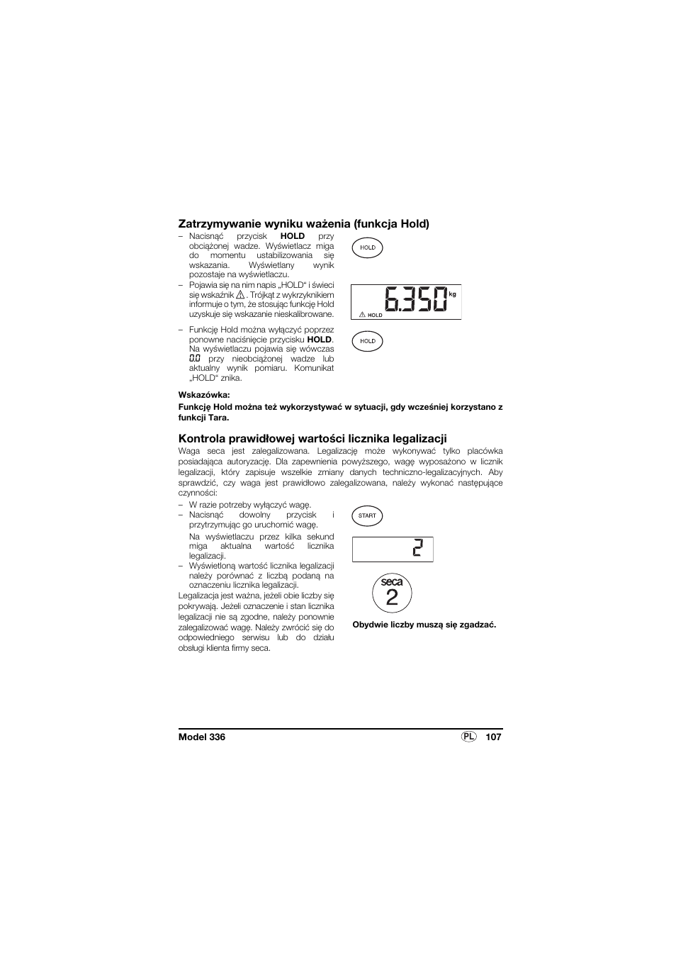 Zatrzymywanie wyniku ważenia (funkcja hold), Kontrola prawidłowej wartości licznika legalizacji | Seca 336 User Manual | Page 107 / 115