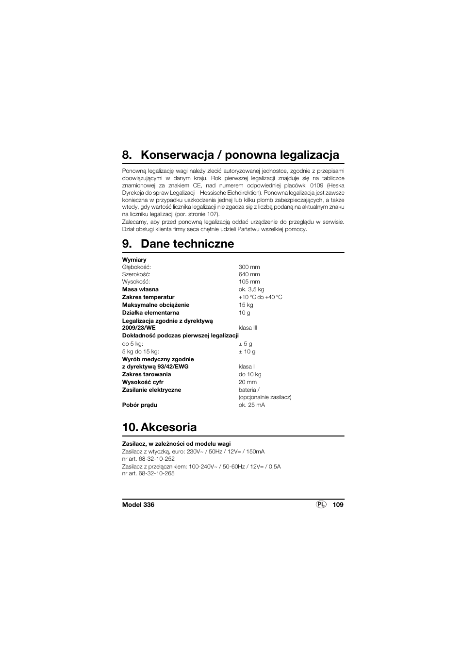 Konserwacja / ponowna legalizacja, Dane techniczne, Akcesoria | Seca 336 User Manual | Page 109 / 115